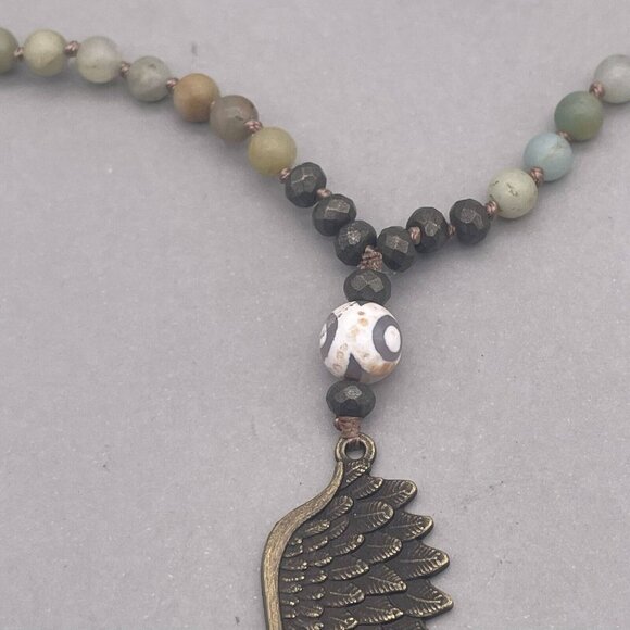 Angel Wing Amazonite Picasso Jasper and Pyrite Necklace 34 Inches - Picture 4 of 6